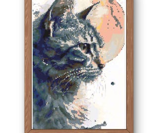 Watercolor Cat and Moon Cross Stitch Pattern: Easy Modern Embroidery (PDF Download)