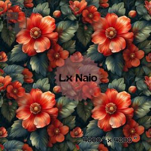 Red Floral Seamless Pattern PNG - Elegant Flowers with Lush Green Foliage for Sublimation, Fabric Design, Crafts, Romantic Tropical style
