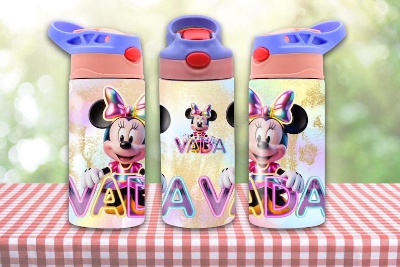 May include: Three water bottles featuring a Minnie Mouse design. Each bottle has a light blue lid, a pink top, and a colorful Minnie Mouse graphic with the name "VALADA". The bottles are on a red and white checkered surface.
