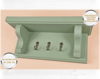 Floating Key Rack in Cotton White or Sage Green with Shelf and Hidden Fixings - Design 2