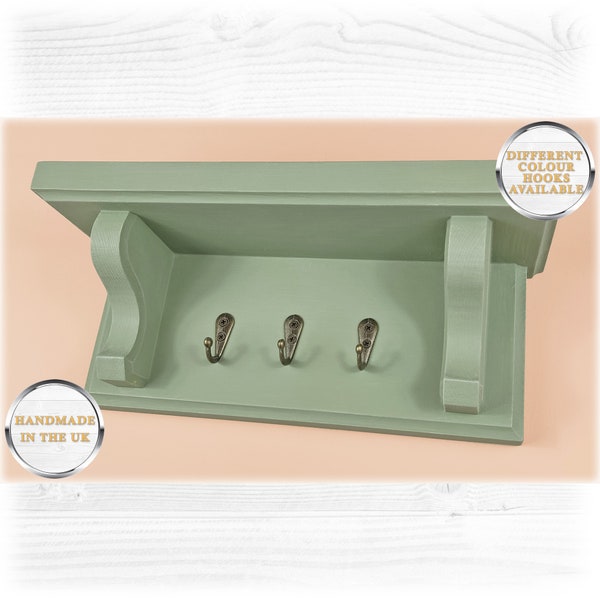 Floating Key Rack in Cotton White or Sage Green with Shelf and Hidden Fixings - Design 2