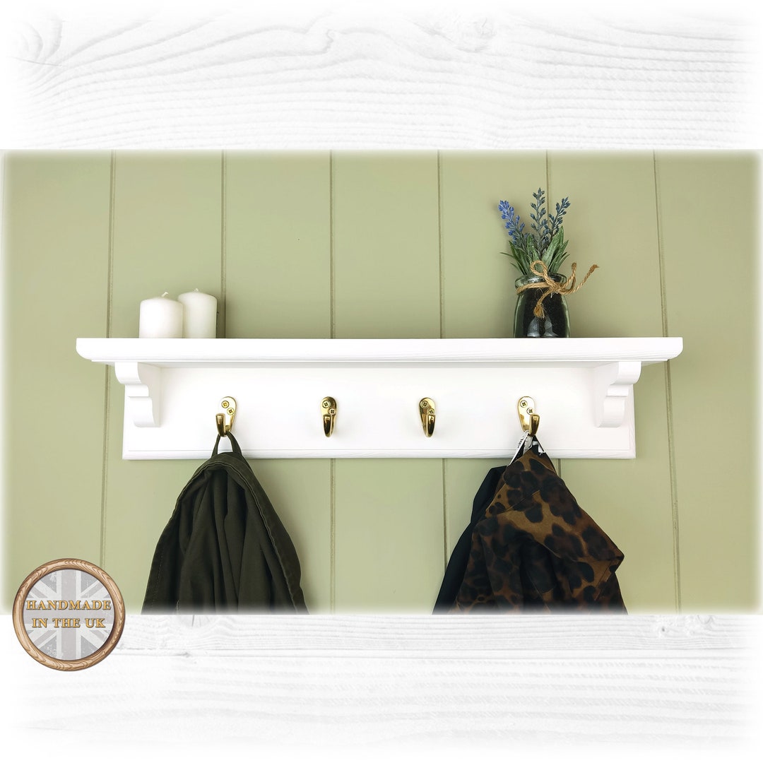 Floating Jacket Rack Floating Coat Rack in White with Shelf and Brass / Satin Chrome ...