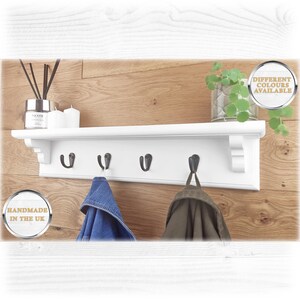 Coat Rack in White with Shelf and Black Hooks with Hidden Fixings