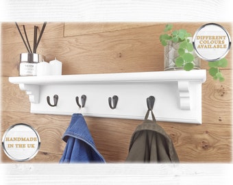 Coat Rack in White with Shelf and Black Hooks with Hidden Fixings