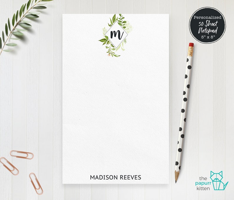 Teacher Gift Personalized Monogram Notepad For Her Green Leaves Personalized Floral Stationary Watercolor Greenery Plants To Do List