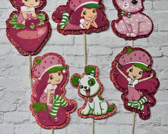 Strawberry Shortcake Cupcake Toppers: Glitter Berry Party Decorations
