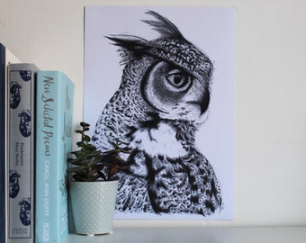 A4 Art Print - Great Horned Owl - Animal Portrait - Owl Sketch