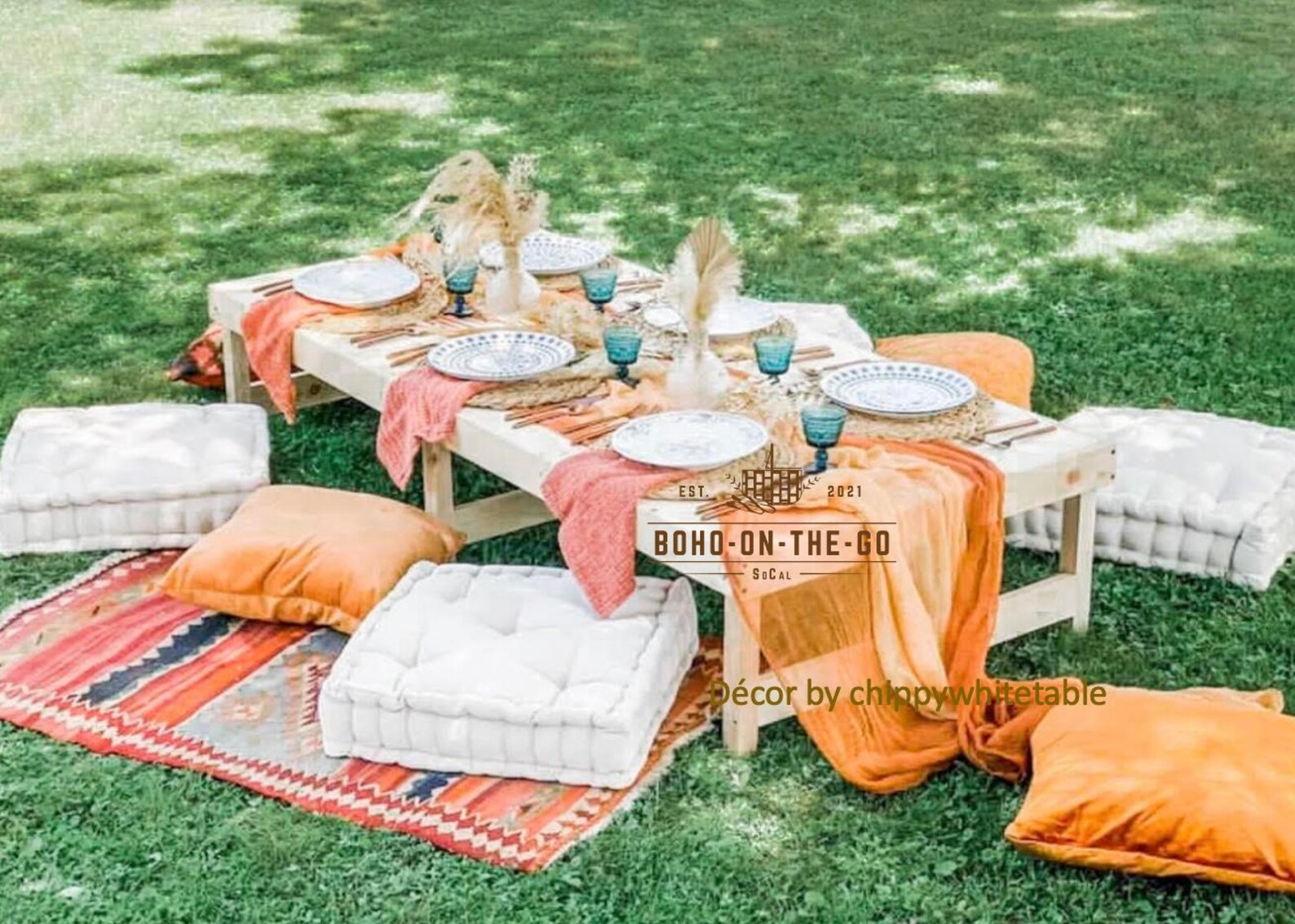 Folding Low Wood Boho Picnic Table With Foldable Legs