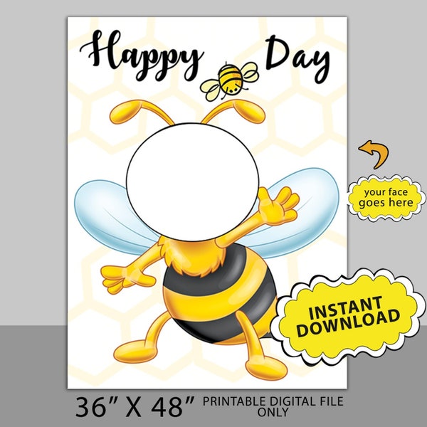 PRINTABLE Bee Theme photo booth frame, White Yellow Bee Photo Booth Frame, Bumblebee Face Cut Out, Bumblebee Face Hole Photo Prop