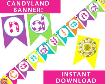 IMPRIMÍVEL Banner Candyland, Banner Candyland DIY, download fácil e instantâneo, banner de festa, tema Candyland