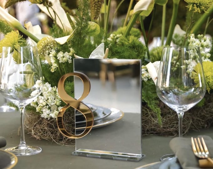 3D Wedding Table Numbers – Custom Acrylic Gold Mirror Table Sign with Stand, Personalized Wedding Table Decor