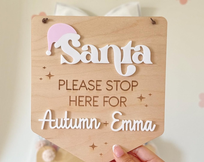 Personalized “Santa Stop Here” Sign – Christmas Door Hanger – Wooden / Acrylic Holiday Decor