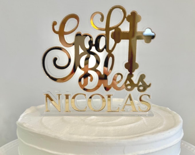 God Bless Cake Topper, Baptism Keepsake with Custom Name, Christening Cake Topper, First Holy Communion Party Decoration