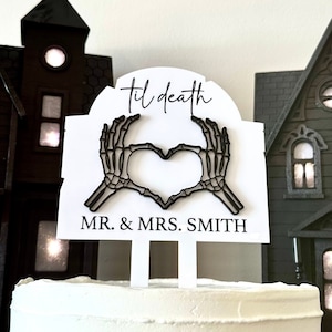 3D-Acryl-Hochzeitstortenaufsatz „Bis zum Tod“, lasergravierter Tortenaufsatz, Skelett-Herz-Hände, gruseliger Hochzeitstortenaufsatz, Herr und Frau-Aufsatz