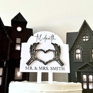 Til Death Wedding Cake Topper, Laser Engraved Cake Topper, Skeleton Heart Hands, Spooky decoration, Mr and Mrs keepsake