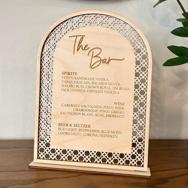 Rattan Bar Menu Sign, Rattan Table Numbers, Boho Wedding, Wedding Wood Sign, Wedding Bar Menu Signature Drinks, Wedding Table Number