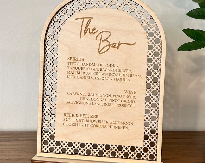 Rattan Bar Menu Sign, Rattan Table Numbers, Boho Wedding, Wedding Wood Sign, Wedding Bar Menu Signature Drinks, Wedding Table Number