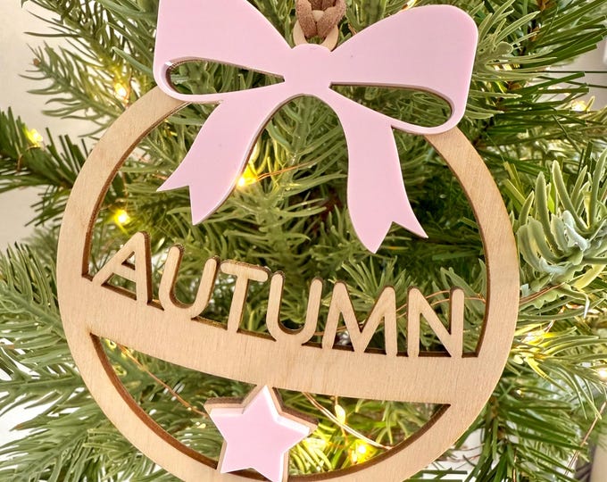 Personalized Name Ornament | Custom Wood & Acrylic Christmas Bauble | Baby's First Christmas Gift | Pink Bow Decoration