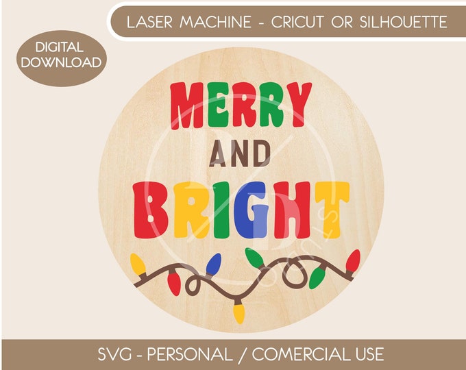 Merry & Bright String Lights SVG, Christmas door hanger digital file, Christmas Cricut Silhouette Glowforge laser cut file, Santa Ho Ho Ho