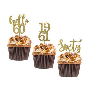 Hello 60 cupcake topper, 60th birthday, hello sixty cupcake topper, custom age cupcake topper, Set of 12 birthday Cupcake topper.