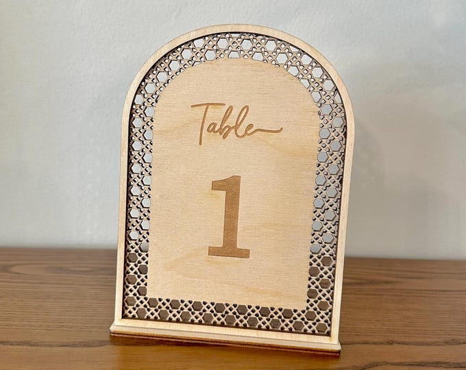 Boho Wedding Table Numbers, Arch Wood Number Sign, Wood Table Numbers, Rustic Table Numbers, Wood Rattan Number with Stand