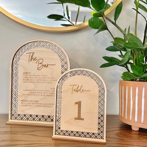 Rattan Bar Menu Sign, Rattan Table Numbers, Boho Wedding, Wedding Wood Sign, Wedding Bar Menu Signature Drinks, Wedding Table Number