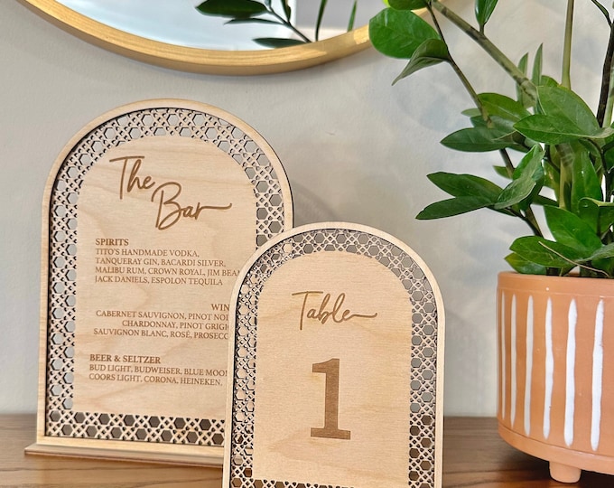 Rattan Bar Menu Sign, Rattan Table Numbers, Boho Wedding, Wedding Wood Sign, Wedding Bar Menu Signature Drinks, Wedding Table Number