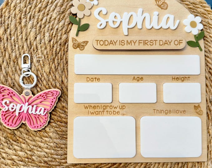 Personalized Bow First Day of School Sign, Back to School Custom Board, Reusable Dry Erase Board, Butterfly Backpack Keychain, Flower sign