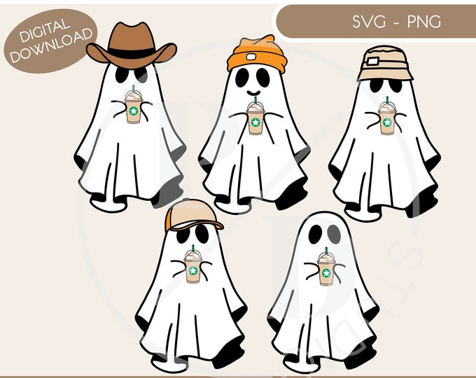 Cute Ghost Drinking Iced Coffee svg png bundle, Halloween Iced Coffee png, Halloween Ghost Png, Ghost Png, Stay Spooky svg