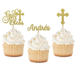 Custom name God Bless Cupcake Topper, Baptism cupcake Topper, Holy Communion Cupcake Topper, Custom Baptism, God bless name set of cupcake