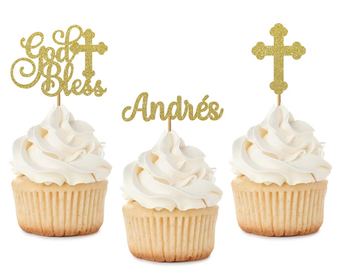 Custom name God Bless Cupcake Topper, Baptism cupcake Topper, Holy Communion Cupcake Topper, Custom Baptism, God bless name set of cupcake