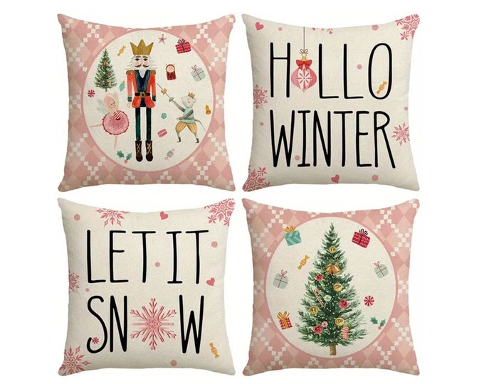 Merry Christmas Pink Pillow Cover Set, Decorative Christmas Pillow Winter Holiday Cushion Case Decoration Sofa Without Pillow Insert