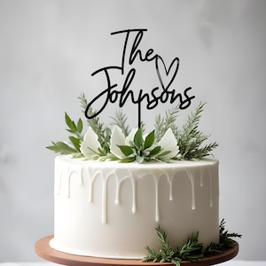 Rustic Personalized Wedding Cake Topper, Custom Script Cake Topper for Wedding, Mr and Mrs Cake Toppers, Last Name Topper with heart