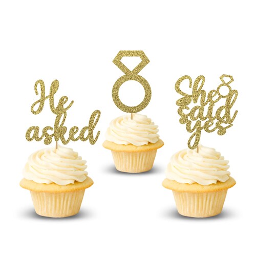 24 Stück Cupcake-Topper „He Asked She Said Yes“ – Mit Diamantring & Herz, Roségold-Glitzer, Für Hochzeit & Verlobung