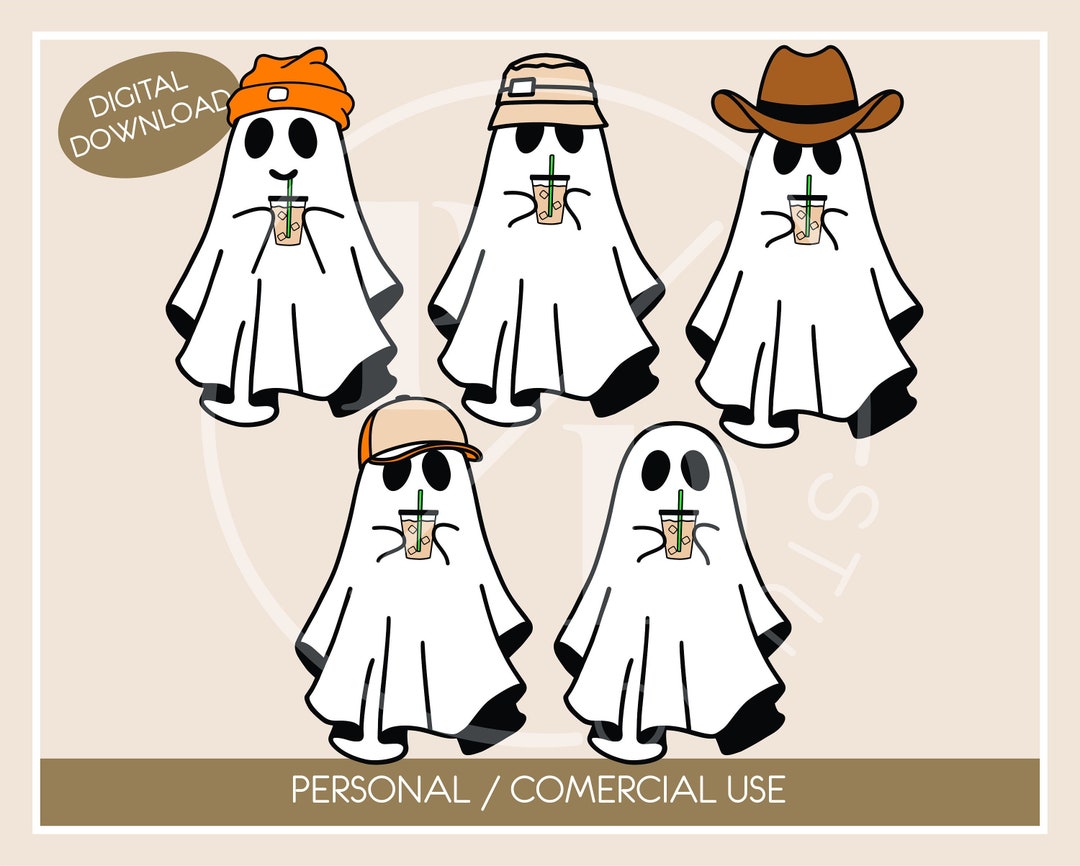 Cute Ghost Drinking Iced Coffee Svg Png Pdf Bundle, Halloween Iced