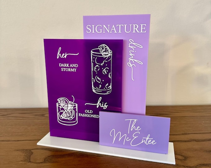 Signature Cocktail Sign Wedding | Custom Acrylic Drink Menu for Bar | Personalized His & Hers Cocktails | Open Bar Reception Sign