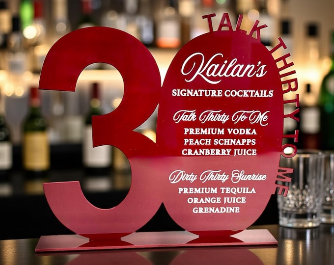 Personalized Birthday Cocktail Sign, Custom Acrylic Bar Menu, Signature Drink Display, Milestone Party 21st 30th 40th 50th Talk Thirty To Me