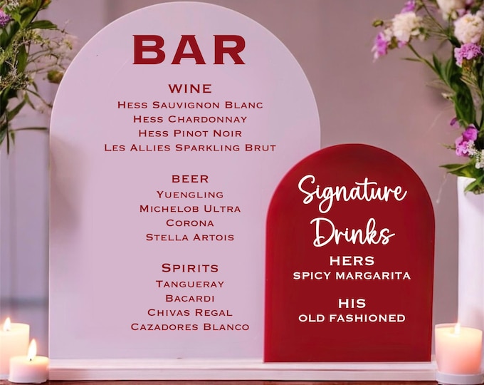 Acrylic Bar Menu Sign | Wedding Bar Sign | Signature Drinks Sign | Modern Arch Acrylic Sign | Custom Wedding Drink Menu