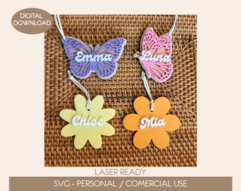 Spring Butterfly Basket Tag Laser File SVG, Butterfly Tag File, Daisy SVG, Flower Laser File, Easter Tag, Spring Summer file, Keychain svg