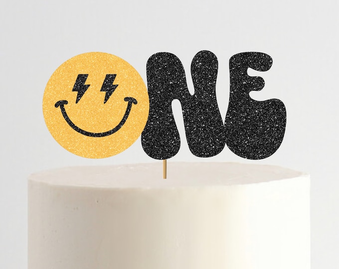 One Happy Dude Cake Topper, First Birthday Party Decor One Cool Dude, Groovy birthday, Lightning Bolt, Smiley Face, Happy Face