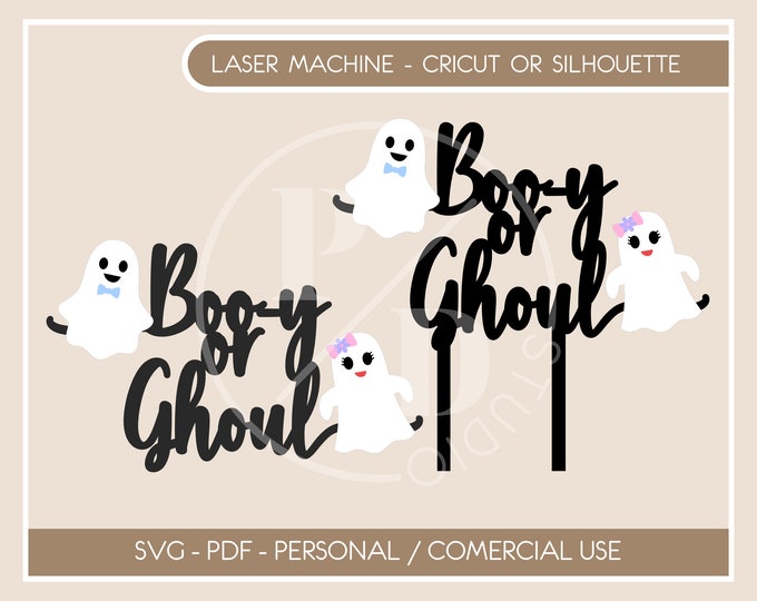 Booy or Ghoul Topper svg pdf, He or She digital topper, boy or girl, Ghost Baby Fall Gender, Halloween gender reveal, Fall party cake topper