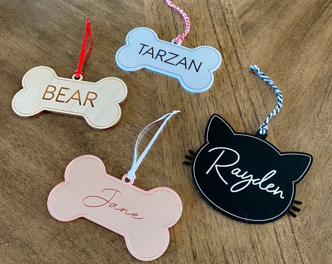 Personalized Cat & Dog Christmas Ornament – Pet Name Engraved – Wood or Acrylic Pet Gift Tag / Tree Bauble