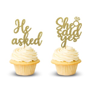 He Asked She Said Yes Cupcake Toppers, Engagement Cupcake Toppers, Engagement Party Decor. image 1