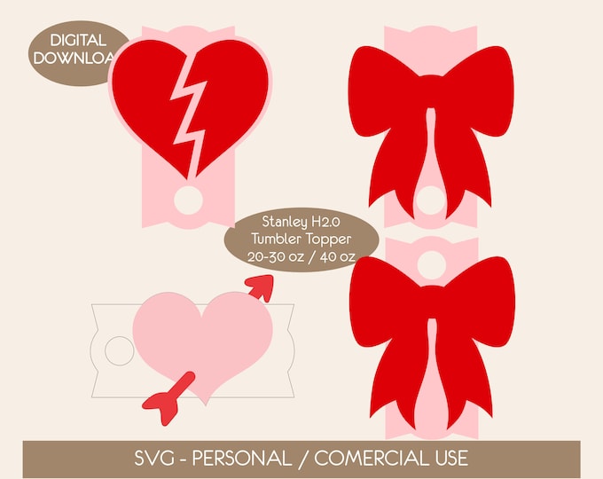 Valentines Tumbler Topper Digital File, 20 30 40 oz H2.0 Version, Cupid Heart SVG Valentines Stanley Topper SVG digital file, Coquette Bow