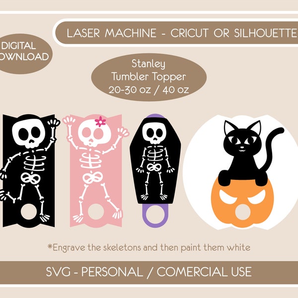 Plaque d’Halloween Bundle pour STANLEY Tumbler (H2.0) DIGITAL File svg, squelette topper Tumbler 30/40 oz, fichier de plaque de chat citrouille laser svg