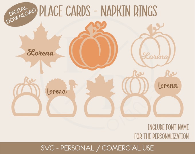 Thanksgiving Napkin Ring Svg, Napkin Holder, Pumpkin place tag, Fall Svg Napkin, Glowforge Svg, Pumpkin Leaf, Hello Fall Svg, Name placement