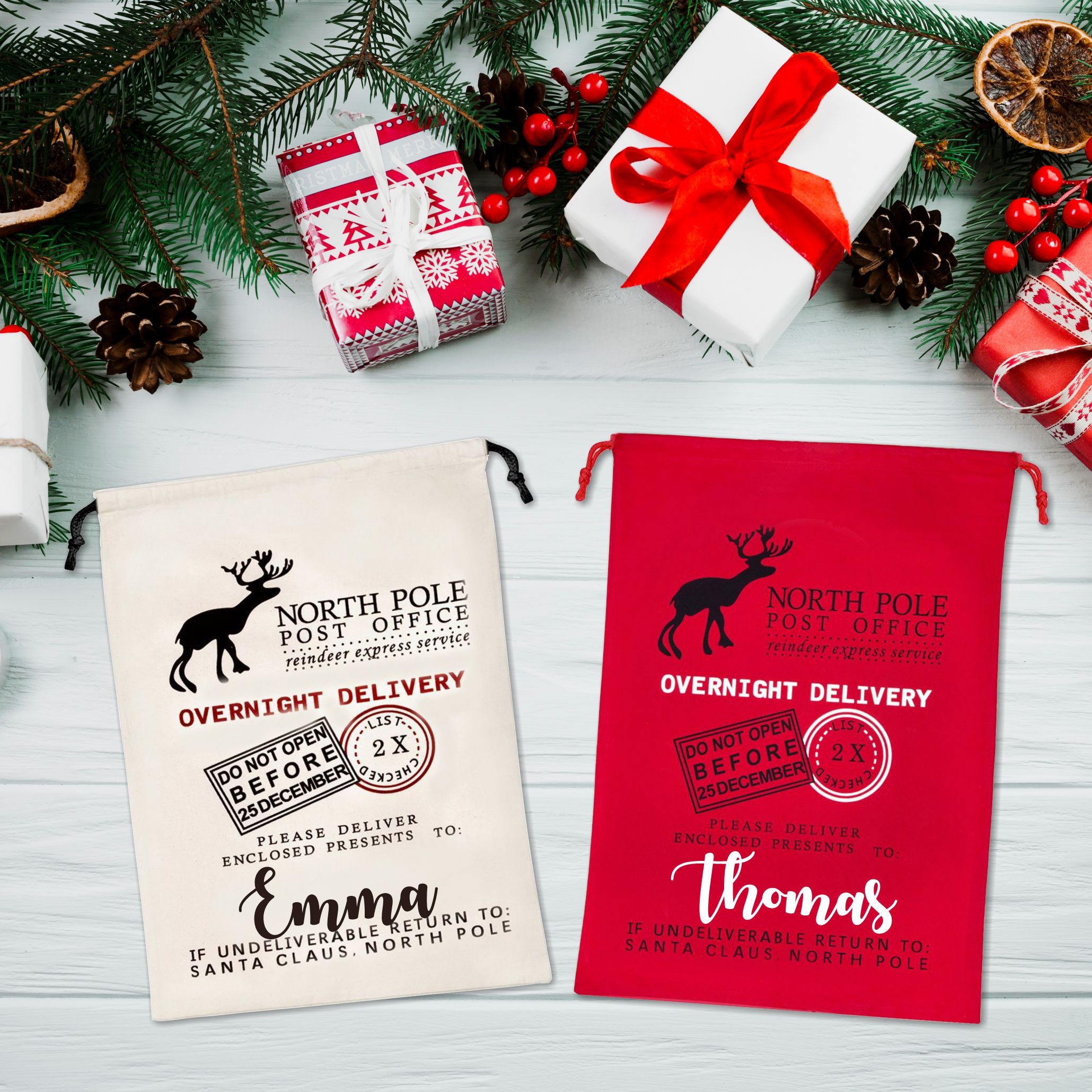 Personalised Santa Christmas Stocking Reindeer Express Delivery Red