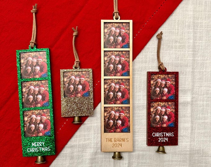 Photo Ornament, Photo Strip Ornament little bell, Personalized Christmas Ornament, First Married Ornament, Christmas Ornament Photo Frame