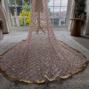 May include: A sheer, blush-colored shawl with a delicate pattern of gold sequins and a gold fringe trim. The shawl is draped over a mannequin, showcasing its flowing design. The background includes a window and curtains.