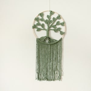 Può includere: Un arazzo da parete in macramè verde a forma di albero con un cerchio di legno e frange lunghe.